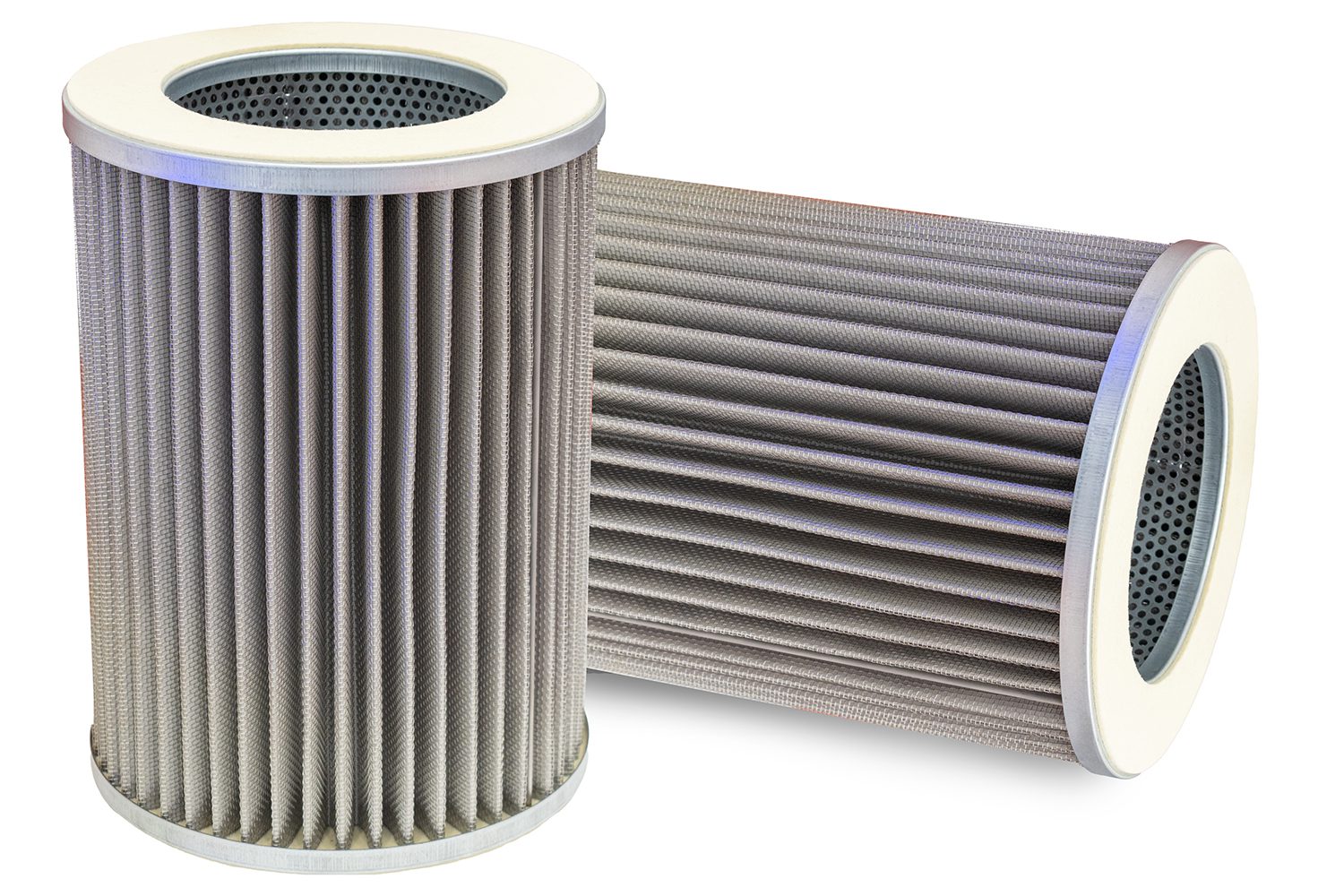 Two cylindrical metal mesh filters used for air or fluid filtration in industrial or automotive systems.